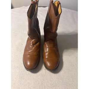 BM MILER  Brown Leather Western Roper Boots Round Toe Mid-Calf Pull On Mens